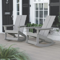 Flash Furniture JJ-C14709-GY-2-GG Finn Modern All-Weather 2-Slat Poly Resin Rocking Adirondack Chair with Rust Resistant Stainless Steel Hardware in Gray - Set of2