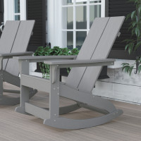 Flash Furniture JJ-C14709-GY-GG Finn Modern All-Weather 2-Slat Poly Resin Wood Rocking Adirondack Chair with Rust Resistant Stainless Steel Hardware in Gray