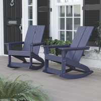 Flash Furniture JJ-C14709-NV-2-GG Finn Modern All-Weather 2-Slat Poly Resin Rocking Adirondack Chair with Rust Resistant Stainless Steel Hardware in Navy - Set of2