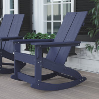 Flash Furniture JJ-C14709-NV-GG Finn Modern All-Weather 2-Slat Poly Resin Wood Rocking Adirondack Chair with Rust Resistant Stainless Steel Hardware in Navy
