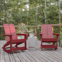 Flash Furniture JJ-C14709-RED-2-GG Finn Modern Commercial Poly Resin Wood Adirondack Rocking Chair - All Weather Red Polystyrene - Dual Slat Back - Stainless Steel Hardware - Set of 2