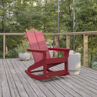 Flash Furniture JJ-C14709-RED-GG Finn Modern Commercial Grade Poly Resin Wood Adirondack Rocking Chair - All Weather Red Polystyrene - Dual Slat Back - Stainless Steel Hardware