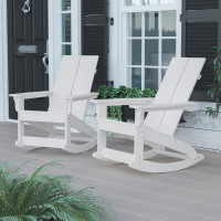 Flash Furniture JJ-C14709-WH-2-GG Finn Modern All-Weather 2-Slat Poly Resin Rocking Adirondack Chair with Rust Resistant Stainless Steel Hardware in White - Set of2