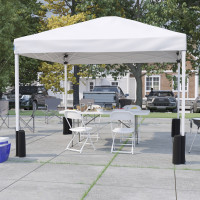 Flash Furniture JJ-GZ10PKG183Z-4LEL3-WHWH-GG Portable Tailgate/Event Tent Set-10'x10' Wheeled White Pop Up Canopy Tent, 6-Foot Bi-Fold Table, 4 White Folding Chairs