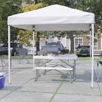 Flash Furniture JJ-GZ88103-WH-GG 8'x8' White Pop Up Event Canopy Tent with Carry Bag and Folding Bench Set - Portable Tailgate, Camping, Event Set