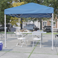Flash Furniture JJ-GZ88183Z-4LEL3-BLWH-GG Portable Tailgate/Event Tent Set - 8'x8' Blue Pop Up Canopy Tent, 6-Foot Bi-Fold Table, Set of 4 White Folding Chairs