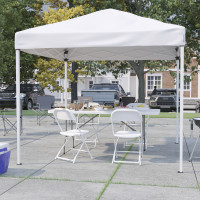 Flash Furniture JJ-GZ88183Z-4LEL3-WHWH-GG Portable Tailgate/Event Tent Set - 8'x8' White Pop Up Canopy Tent, 6-Foot Bi-Fold Table, Set of 4 White Folding Chairs