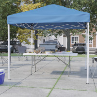 Flash Furniture JJ-GZ88183Z-BL-GG 8'x8' Blue Pop Up Event Canopy Tent with Carry Bag and 6-Foot Bi-Fold Folding Table with Carrying Handle - Tailgate Tent Set