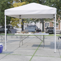 Flash Furniture JJ-GZ88183Z-WH-GG 8'x8' White Pop Up Event Canopy Tent with Carry Bag and 6-Foot Bi-Fold Folding Table with Carrying Handle - Tailgate Tent Set