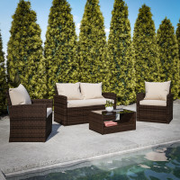 Flash Furniture JJ-S351-BNBG-GG Aransas Series 4 Piece Brown Patio Set with Beige Back Pillows and Seat Cushions