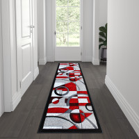 Flash Furniture KP-RG950-27-RD-GG Elias Collection 2' x 7' Red Geometric Abstract Area Rug - Olefin Rug with Jute Backing - Hallway, Entryway, or Bedroom