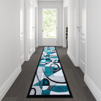 Flash Furniture KP-RG950-310-TQ-GG Elias Collection 3' x 10' Turquoise Geometric Abstract Area Rug - Olefin Rug with Jute Backing - Hallway, Entryway, or Bedroom
