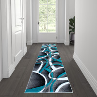 Flash Furniture KP-RG951-27-TQ-GG Atlan Collection 2' x 7' Turquoise Abstract Area Rug - Olefin Rug with Jute Backing - Entryway, Living Room or Bedroom