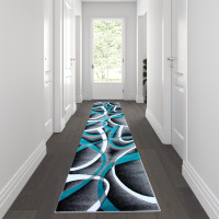 Flash Furniture KP-RG951-310-TQ-GG Atlan Collection 3' x 10' Turquoise Abstract Area Rug - Olefin Rug with Jute Backing - Entryway, Living Room or Bedroom