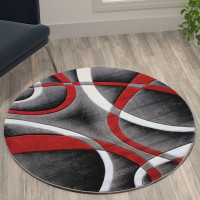 Flash Furniture KP-RG951-44-RD-GG Atlan Collection 4' x 4' Red Round Abstract Area Rug - Olefin Rug with Jute Backing - Entryway, Living Room or Bedroom