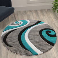 Flash Furniture KP-RG951-44-TQ-GG Atlan Collection 4' x 4' Turquoise Round Abstract Area Rug - Olefin Rug with Jute Backing - Entryway, Living Room or Bedroom