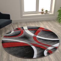 Flash Furniture KP-RG951-55-RD-GG Atlan Collection 5' x 5' Red Round Abstract Area Rug - Olefin Rug with Jute Backing - Entryway, Living Room or Bedroom