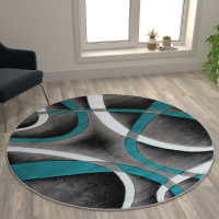 Flash Furniture KP-RG951-55-TQ-GG Atlan Collection 5' x 5' Turquoise Round Abstract Area Rug - Olefin Rug with Jute Backing - Entryway, Living Room or Bedroom