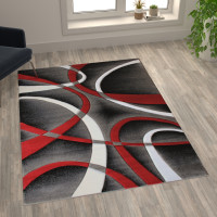 Flash Furniture KP-RG951-57-RD-GG Atlan Collection 5' x 7' Red Abstract Area Rug - Olefin Rug with Jute Backing - Entryway, Living Room or Bedroom