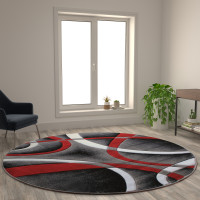 Flash Furniture KP-RG951-88-RD-GG Atlan Collection 8' x 8' Red Round Abstract Area Rug - Olefin Rug with Jute Backing - Entryway, Living Room or Bedroom