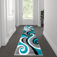Flash Furniture KP-RG952-27-TQ-GG Athos Collection 2' x 7' Turquoise Abstract Area Rug - Olefin Rug with Jute Backing - Hallway, Entryway, or Bedroom