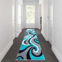 Flash Furniture KP-RG952-310-TQ-GG Athos Collection 3' x 10' Turquoise Abstract Area Rug - Olefin Rug with Jute Backing - Hallway, Entryway, or Bedroom