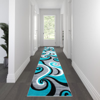 Flash Furniture KP-RG952-316-TQ-GG Athos Collection 3' x 16' Turquoise Abstract Area Rug - Olefin Rug with Jute Backing - Hallway, Entryway, or Bedroom