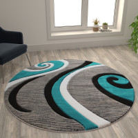 Flash Furniture KP-RG952-55-TQ-GG Athos Collection 5' x 5' Turquoise Abstract Area Rug - Olefin Rug with Jute Backing - Hallway, Entryway, or Bedroom