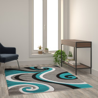 Flash Furniture KP-RG952-57-TQ-GG Athos Collection 5' x 7' Turquoise Abstract Area Rug - Olefin Rug with Jute Backing - Hallway, Entryway, or Bedroom