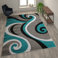 Flash Furniture KP-RG952-810-TQ-GG Athos Collection 8' x 10' Turquoise Abstract Area Rug - Olefin Rug with Jute Backing - Hallway, Entryway, or Bedroom
