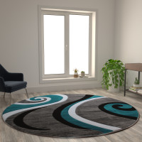 Flash Furniture KP-RG952-88-TQ-GG Athos Collection 8' x 8' Turquoise Abstract Area Rug - Olefin Rug with Jute Backing - Hallway, Entryway, or Bedroom