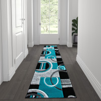 Flash Furniture KP-RG953-27-TQ-GG Audra Collection 2' x 7' Turquoise Geometric Abstract Area Rug - Olefin Rug with Jute Backing - Entryway, Living Room, or Bedroom