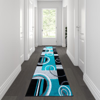 Flash Furniture KP-RG953-310-TQ-GG Audra Collection 3' x 10' Turquoise Abstract Area Rug - Olefin Rug with Jute Backing - Entryway, Living Room, or Bedroom