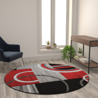 Flash Furniture KP-RG953-55-RD-GG Audra Collection Round 5' x 5' Red Abstract Area Rug - Olefin Rug with Jute Backing - Entryway, Living Room, or Bedroom