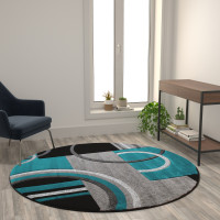 Flash Furniture KP-RG953-55-TQ-GG Audra Collection Round 5' x 5' Turquoise Abstract Area Rug - Olefin Rug with Jute Backing - Entryway, Living Room, or Bedroom