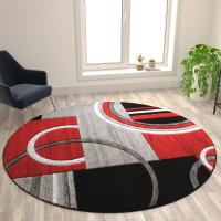 Flash Furniture KP-RG953-88-RD-GG Audra Collection Round 8' x 8' Red Abstract Area Rug - Olefin Rug with Jute Backing - Entryway, Living Room, or Bedroom