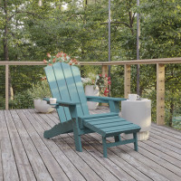 Flash Furniture LE-HMP-1044-110-BL-GG Newport HDPE Adirondack Chair with Cup Holder and Pull Out Ottoman, All-Weather HDPE Indoor/Outdoor Lounge Chair in Blue
