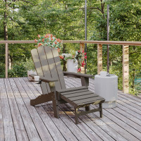 Flash Furniture LE-HMP-1044-110-BR-GG Newport HDPE Adirondack Chair with Cup Holder and Pull Out Ottoman, All-Weather HDPE Indoor/Outdoor Lounge Chair in Brown