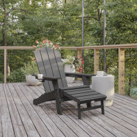 Flash Furniture LE-HMP-1044-110-GY-GG Newport HDPE Adirondack Chair with Cup Holder and Pull Out Ottoman, All-Weather HDPE Indoor/Outdoor Lounge Chair in Gray