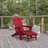 Flash Furniture LE-HMP-1044-110-RD-GG Newport HDPE Adirondack Chair with Cup Holder and Pull Out Ottoman, All-Weather HDPE Indoor/Outdoor Lounge Chair in Red