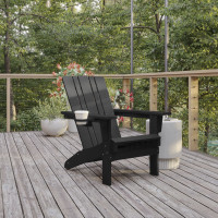 Flash Furniture LE-HMP-1045-10-BK-GG Halifax Adirondack Chair with Cup Holder, Weather Resistant HDPE Adirondack Chair in Black