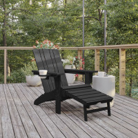 Flash Furniture LE-HMP-1045-110-BK-GG Halifax HDPE Adirondack Chair with Cup Holder and Pull Out Ottoman, All-Weather HDPE Indoor/Outdoor Lounge Chair in Black