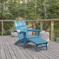 Flash Furniture LE-HMP-1045-110-BL-GG Halifax HDPE Adirondack Chair with Cup Holder and Pull Out Ottoman, All-Weather HDPE Indoor/Outdoor Lounge Chair in Blue
