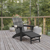 Flash Furniture LE-HMP-1045-110-GY-GG Halifax HDPE Adirondack Chair with Cup Holder and Pull Out Ottoman, All-Weather HDPE Indoor/Outdoor Lounge Chair in Gray