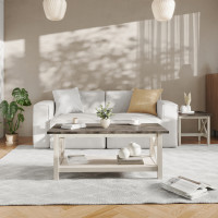 Flash Furniture LFS-2007-GRYWHT-GG Jasper Farmhouse Style Solid Wood Coffee Table with Traditional X-Frame Design and Lower Shelf in Acacia Gray and Rustic White
