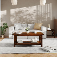 Flash Furniture LFS-2007-WAL-GG Jasper Farmhouse Style Solid Wood Coffee Table with Traditional X-Frame Design and Lower Shelf in Walnut
