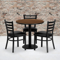 Flash Furniture 30'' Round Walnut Laminate Table Set with 3 Ladder Back Metal Chairs - Black Vinyl Seat MD-0002-GG