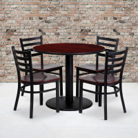 Flash Furniture 36'' Round Mahogany Laminate Table Set with 4 Ladder Back Metal Chairs - Mahogany Wood Seat MD-0004-GG