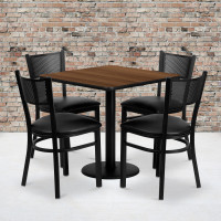 Flash Furniture 30'' Square Walnut Laminate Table Set with 4 Grid Back Metal Chairs - Black Vinyl Seat MD-0005-GG