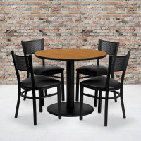 Flash Furniture 36'' Round Natural Laminate Table Set with 4 Grid Back Metal Chairs - Black Vinyl Seat MD-0006-GG